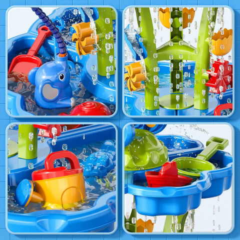 Close-up of colorful 3 In 1 Flower Shape Water Table With Pump For Toddlers And Kids Ages 3 To 8 with accessories and water stream