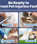 Dog first aid kit infographic with four panels: tick remover for insect bites, eye drops, bandage for cuts and injuries, heat stroke.