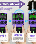 SUNMAY Professional Stud Finder with 7-in-1 Wall Scanner & Laser Level showing step-by-step usage instructions on screen.