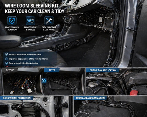 Pro Grade All In One Automotive Wire Loom Kit for easy wiring protection and boss cable management; interior cabling before and after.