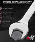 15 Piece Metric Combination Wrench Set 8mm To 22mm Chrome Vanadium Steel With Tough As Nails Coating and Knuckle Saving Grips visible close-up of 22mm wrench head.