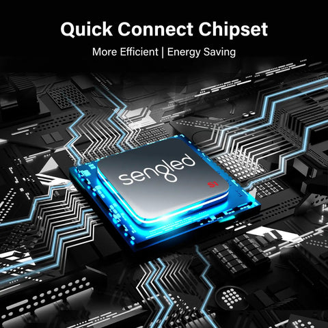 Quick connect chipset for auto pairing smart LED bulbs with Alexa and Bluetooth mesh on circuit board background