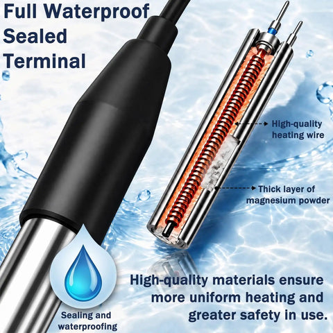 Close-up of Portable 1800 Watt Immersion Water Heater For Small Pools And Tubs With Plug And Play Setup showing waterproof terminal and heating wire.