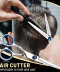 Using Two Pair Hair Cutting Scissors Set With Straight And Textured Blades on man's hair