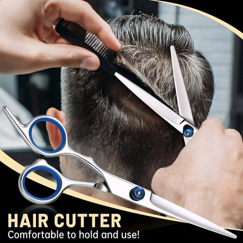 Using Two Pair Hair Cutting Scissors Set With Straight And Textured Blades on man's hair