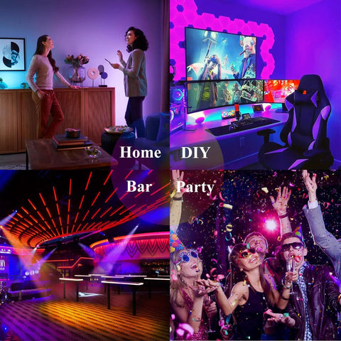 Smart WiFi RGB LED Strip Lights 25ft With App Control And Voice Assistants, 16 Million Colors in different room settings.