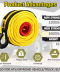 Half Inch By 100 Foot Synthetic Winch Rope Kit With 32000 Pound Breaking Strength Protective Sleeve Forged Hook Aluminum Buckle Safety Pull Strap For 4WD Rigs Trucks ATVs UTVs SUVs Yellow showing product advantages like rope strength 32000lbs, hook strength 36000lbs, and features such as wear resistance and anti-corrosion.