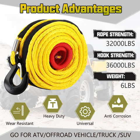 Half Inch By 100 Foot Synthetic Winch Rope Kit With 32000 Pound Breaking Strength Protective Sleeve Forged Hook Aluminum Buckle Safety Pull Strap For 4WD Rigs Trucks ATVs UTVs SUVs Yellow showing product advantages like rope strength 32000lbs, hook strength 36000lbs, and features such as wear resistance and anti-corrosion.