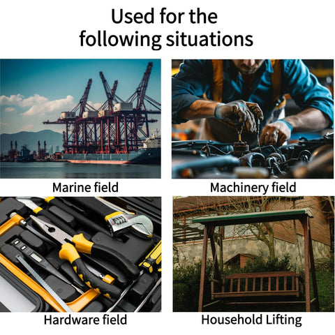 Image illustrating four fields: marine with cranes, machinery with mechanic, hardware with tools, and household with lifting setup.