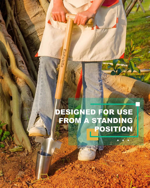 Person using Long Handled Bulb Planter Tool With Depth Marker And Sharp Teeth For Tulips Daffodils And Other Flowers Easy Knee Free Transplanter And Sod Plugger For Garden Pro Plugging And Quick Planting