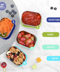4-Pack 8oz Stainless Steel Snack Containers For Kids With Leak-Proof Silicone Lids shown with vegetables, jams, fruits, nuts