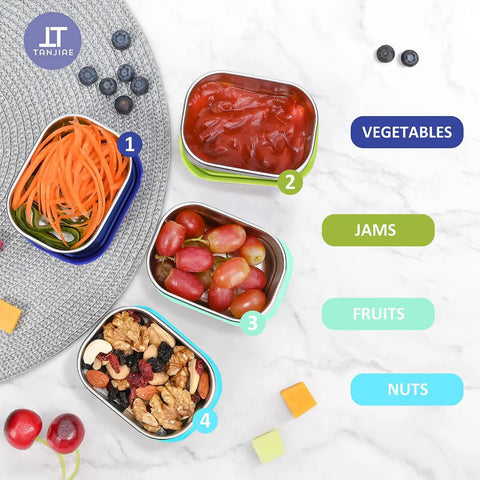 4-Pack 8oz Stainless Steel Snack Containers For Kids With Leak-Proof Silicone Lids shown with vegetables, jams, fruits, nuts
