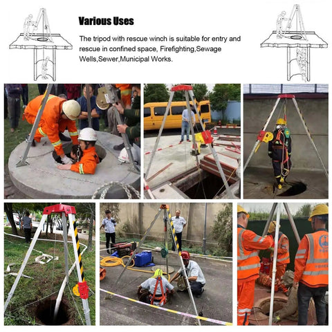 Darn Sturdy Portable Emergency Rescue Tripod With 30 Meter Winch And Legit Aluminum Frame For Deep Well Sewer And Tight Job Sites 440 Lbs Heavy Duty Adjustable Rope System in various rescue scenarios.