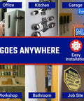 Collage showing Ceramic Channel Magnets With Adhesive Backing used in various settings like kitchen, garage, office, workshop, bathroom, job site.