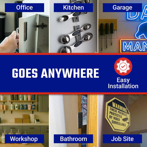 Collage showing Ceramic Channel Magnets With Adhesive Backing used in various settings like kitchen, garage, office, workshop, bathroom, job site.