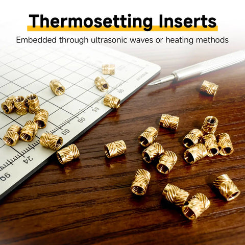 300 Pc M3 Heat Set Brass Inserts With Knurled Body, M3 X D4 X L5 Threaded Inserts for Plastic, on wooden surface with ruler