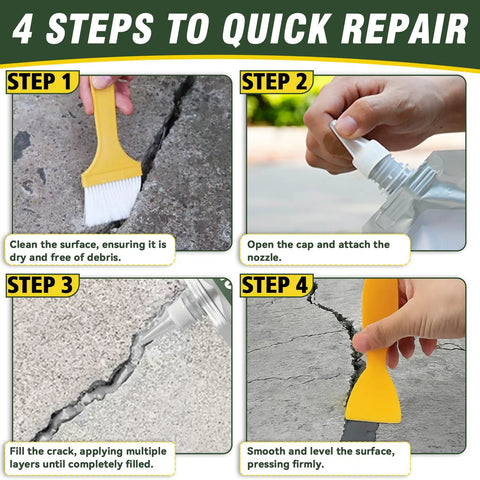 4 steps to apply Ultimate Concrete Crack Filler 500g High Elasticity Self Leveling Sealant Waterproof Caulk For Driveways Walkways Patios Joints Indoor Outdoor Repair That Fixes Cracks Fast, including cleaning and smoothing.