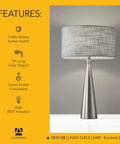 Linda 21.5 Inch Table Lamp In Brushed Steel With Light Gray Textured Fabric Shade, showcasing sleek modern classic design
