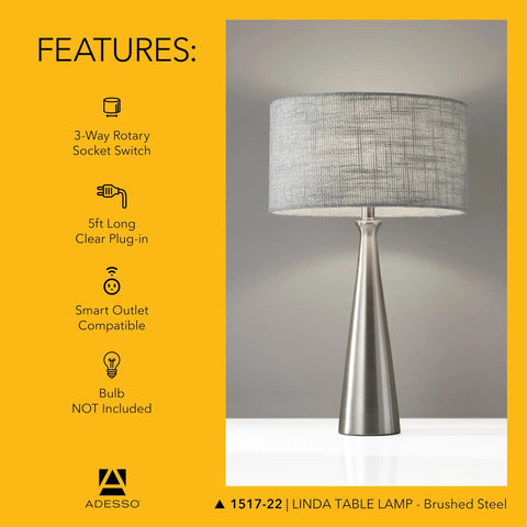 Linda 21.5 Inch Table Lamp In Brushed Steel With Light Gray Textured Fabric Shade, showcasing sleek modern classic design
