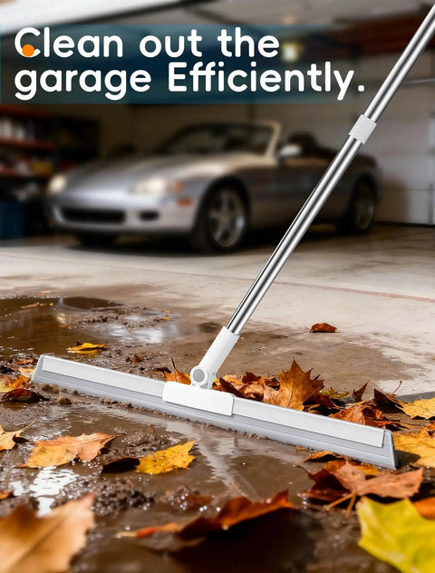 All In One Floor Squeegee Kit With Long Handle Rugged Heavy Duty Rubber Blade cleaning wet leaves in garage