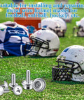 12 Pack Stainless Steel Helmet Screws For Football And Hockey Visors, helmets on grass field, facemask hardware kit