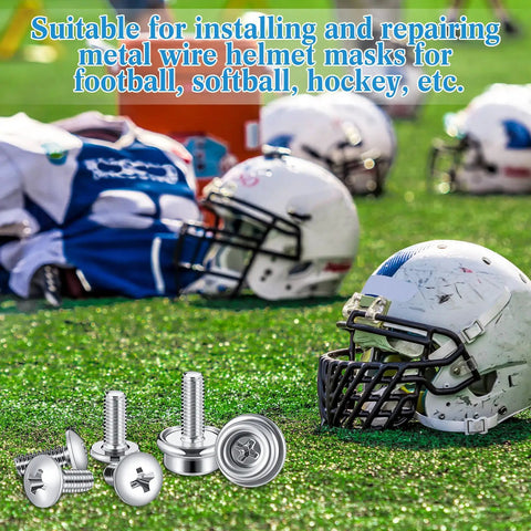 12 Pack Stainless Steel Helmet Screws For Football And Hockey Visors, helmets on grass field, facemask hardware kit