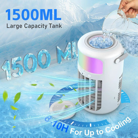 Game Changer 4 In 1 Portable Air Conditioner Humidifier Fan With 1500ml Tank being filled, shown with water capacity graphic