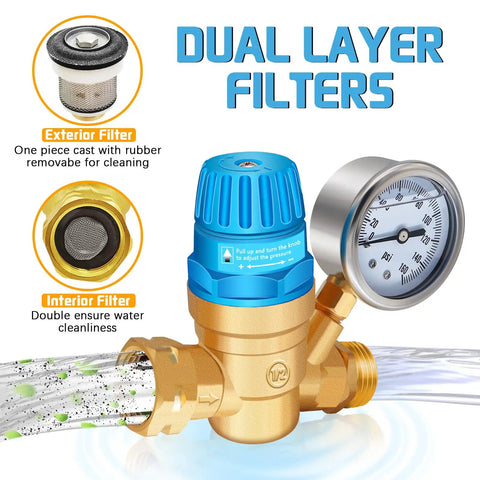 Must Have Adjustable RV Water Pressure Regulator Kit with inline filter and gauge display, showing dual layer filters detail.