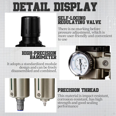 All In One 3/4 Inch NPT Industrial Air Compressor Dryer with control valve, barometer, and precision threading details.