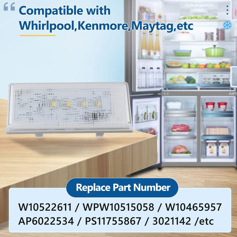LED Refrigerator Light Replacement W10515058 near open fridge; compatible with WRS325FDAM04 and WRS325FDAM02; part numbers visible