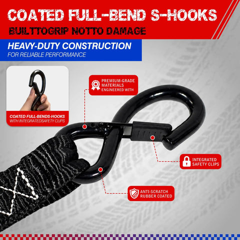 Heavy Duty Ratchet Tie Down Straps Built Like A Badass Workhorse With Rust Resistant Zinc Ratchets Ergonomic Padded Handles And Bulletproof Strength For Rigging Your Rig And Hauling Steel Without Any Drama Or Slippage On The Road showing coated full-bend S-hooks with integrated safety clips.