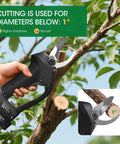 Cordless Electric Pruning Shears For Gardening And Landscaping, Brushless Motor Power, Portable Pruner With Adjustable 1 Inch Cutting Diameter, Perfect For Gardens And Farms, Includes Two Batteries For Quick On The Go Pruning being used to cut a tree branch.