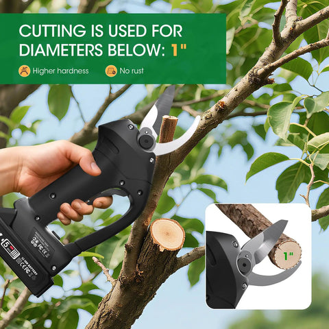 Cordless Electric Pruning Shears For Gardening And Landscaping, Brushless Motor Power, Portable Pruner With Adjustable 1 Inch Cutting Diameter, Perfect For Gardens And Farms, Includes Two Batteries For Quick On The Go Pruning being used to cut a tree branch.