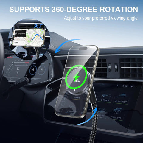 Heavy Duty 15W Fast Wireless Car Mount Charger That Plugs Straight Into Standard Cigarette Lighter Socket supporting 360-degree rotation for iPhones.