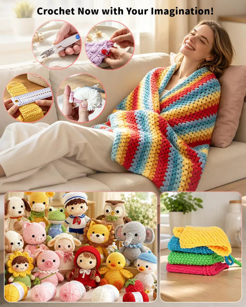 Woman wrapped in a colorful crochet blanket with inset images of crochet tools and yarn from No-Brainer Crochet Starter Kit For Beginners.