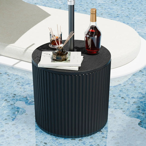 Outdoor Umbrella Stand With Hole And Water Bladder Base, Fluted Vertical Ribbed Design, All Weather Poolside Side Table For Patio Garden, Black