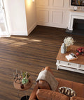 Living room with Dark Brown Peel And Stick Floor Tiles 6x36 Inch Waterproof Vinyl Planks Self Adhesive Wood Look Flooring