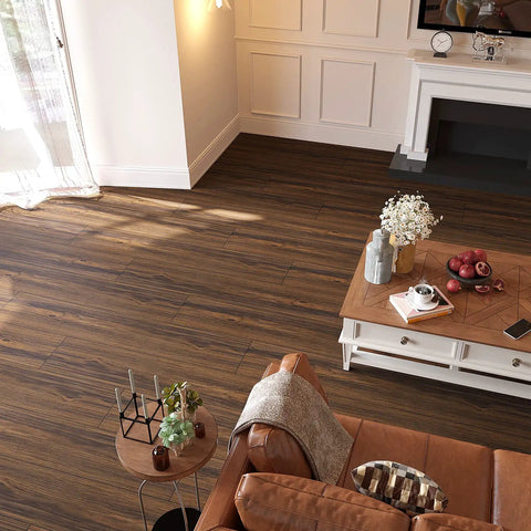 Living room with Dark Brown Peel And Stick Floor Tiles 6x36 Inch Waterproof Vinyl Planks Self Adhesive Wood Look Flooring
