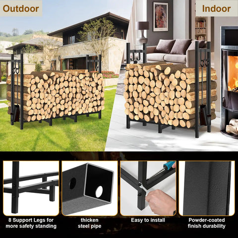 Outdoor Firewood Rack With Heavy Duty Eight-Leg Frame And 4-Foot Width holding logs, shown on patio and inside living room.