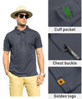 Mens Polo Shirt Short Sleeve Sporty Polo For Golf And Everyday Wear Tactical Ring Buckle Placket For Sunglasses Or Microphone Sleeve Pocket Lightweight Breathable Collared Shirt In Grey Large. Man wearing grey polo and hat with sunglass holder and sleeve pocket, close-ups of cuff pocket, chest buckle, and golden logo.