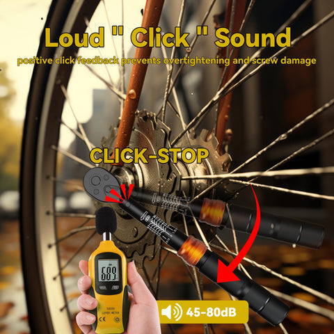 32 Piece Bike Torque Wrench Set With One Quarter Inch Drive Click Wrenches And Bit Kit showing audible feedback feature.