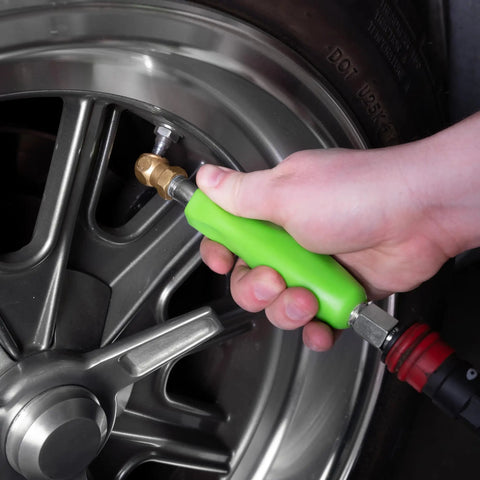 Straight Air Chuck Tire Inflator Deflator With Handle Sealed Ball Inflation Chuck For One Quarter Inch NPT Fittings Up To 150 PSI in use