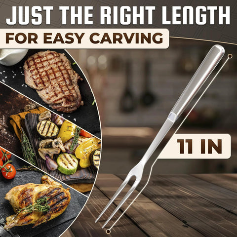 Meat carving fork, 11-inch stainless steel, two-prong with dishwasher-safe metal handle