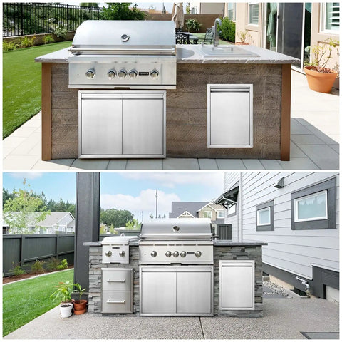 Badass 35 By 24 Double BBQ Access Door For Outdoor Kitchens With Slick Recessed Latches Concealed Hinges Heavy Duty 304 Stainless Steel Built Tough For Backyard Islands And Game Day Cooking Setups in an outdoor kitchen setting.