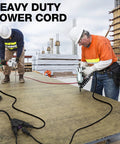 Construction workers using Beefy 100 Ft Heavy Duty Outdoor Extension Cord With 3 Outlets, weatherproof on work site.