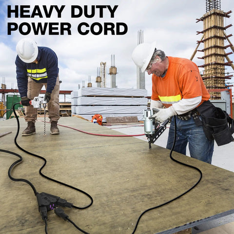 Construction workers using Beefy 100 Ft Heavy Duty Outdoor Extension Cord With 3 Outlets, weatherproof on work site.