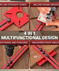 Pro Grade Router Jig Kit 2025 4 In 1 Woodworking Guide System showing multifunctional design for milling, punching, measuring.