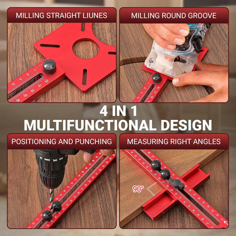 Pro Grade Router Jig Kit 2025 4 In 1 Woodworking Guide System showing multifunctional design for milling, punching, measuring.