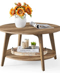 Round Coffee Table With Storage, 2 Tier Center Table, Tapered Legs And Curved Transitions, 31.5 Inch Diameter, 17.7 Inch Height in honey brown with items on top