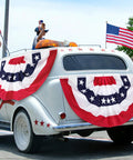 Vintage car with 3 Pack 2.5 By 5 Ft Pleated Fan Flags Set For Outdoors And Indoors All American Red White Blue Half Fan Bunting